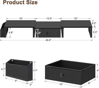 LAND·VOI Heavy Duty Dual Monitor Stand, Holds 2 Screens Up to 27 Inches, Adjustable Length and Angle Monitor Riser, Desk Organizer with Side Pockets and Drawers, Home Office Desk Storage, Black