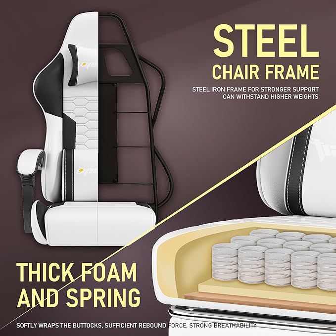 Gaming Chair, Computer Gaming Chairs with Footrest, Linkage Armrests and Lumbar Support, High Back Ergonomic Office Chair for Adults, Big and Tall Desk Chair(White)