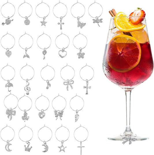 Junkin 26 Pcs Wine Glass Charms Markers Tags for Stem Glasses Drink Markers Wine Charm Ring Identifier for Wedding Bachelorette Tasting Holiday Party Favor Decoration (Various)