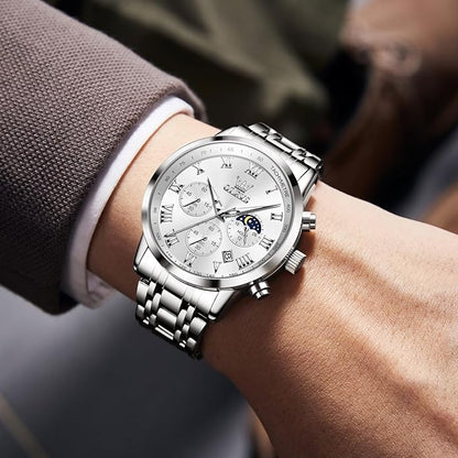 OLEVS Mens Stainless Steel Chronograph Watch, Big Face Roman Numerals Date Analog Quartz Dress Watches for Men, Fashion Multifunctional Waterproof Luminous Hands Men's Wristwatch