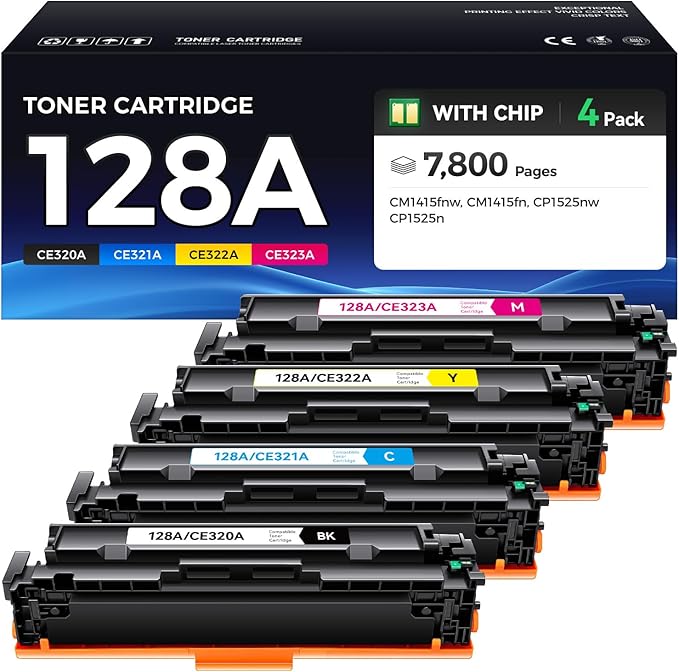 128A Toner Cartridge 4-Pack Black Cyan Yellow Magenta High Yield Replacement for 128A CE320A CE321A CE322A CE323A Compatible with HP Laserjet Pro Color MFP CM1415fn CM1415fnw CP1525nw CP1525n Printer