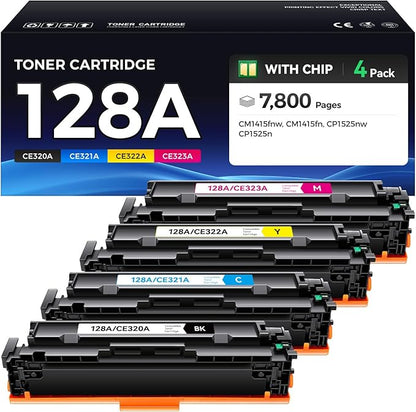 128A Toner Cartridge 4-Pack Black Cyan Yellow Magenta High Yield Replacement for 128A CE320A CE321A CE322A CE323A Compatible with HP Laserjet Pro Color MFP CM1415fn CM1415fnw CP1525nw CP1525n Printer