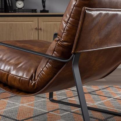 Mid-Century Accent Chair, Comfy PU Leather Side Chair with Armrest, Upholstered Leisure Chair with Black Metal Frame for Living Room Bedroom Reception Room, Brown