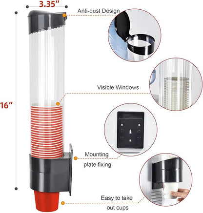 Cup Dispenser, Wall Mount Water Cooler Cup Holder Fits 5oz - 7oz Disposable Paper Plastic Cups for Home Office Hospital Cups Organizer, Adhesive Paste or Screw Install (Black, Medium)