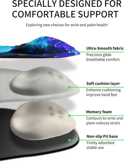 Palm-Rest and Wrist-Hugging Mouse Pad Wrist Rest, Ergonomic Wrist Support with Curve Fitting Cushioned Memory Foam for Carpal Tunnel Pain Relief, 9.9 x 8.3 Inch, Nebula