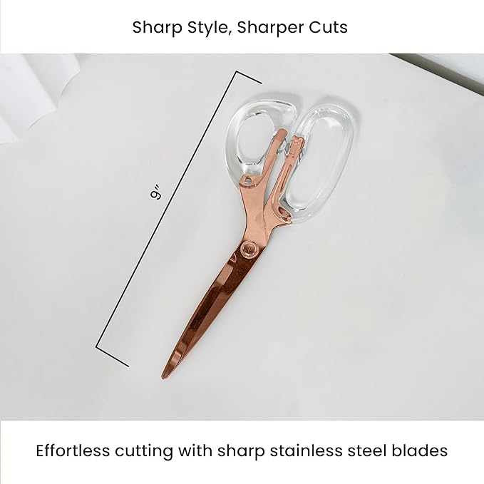 OfficeGoods 9” Stainless Steel Acrylic Scissors For Office and Home - Aesthetic and Sharp All Purpose Scissors, Perfect For Sewing, Arts and Crafts - Clear Rose Gold Metal