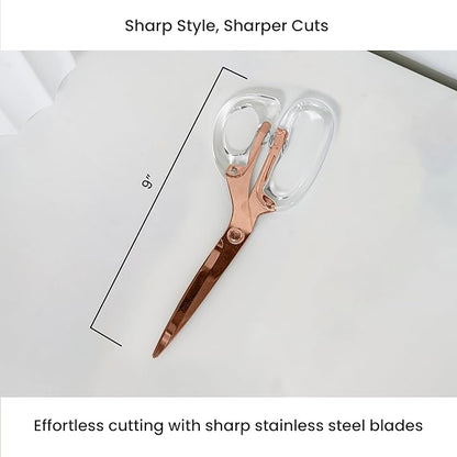 OfficeGoods 9” Stainless Steel Acrylic Scissors For Office and Home - Aesthetic and Sharp All Purpose Scissors, Perfect For Sewing, Arts and Crafts - Clear Rose Gold Metal