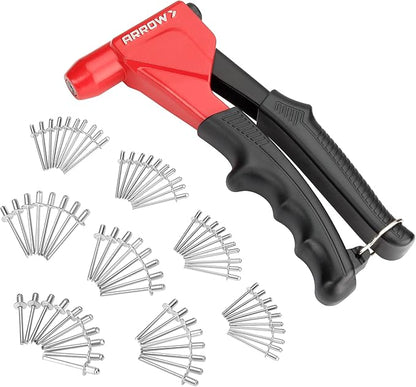 Arrow 3-in-1 Rivet Gun, One-Handed Headless Pop Rivet Gun Kit with 150Pcs Rivets, Professional Manual Heavy Duty Rivet Gun Kit Without Head Change, for Metal, Wood and Plastic