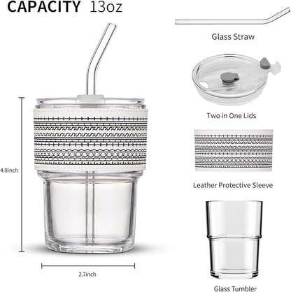 13oz/400ml Glass Water Tumbler with Straw and Lid Sealed Carry On Thick Wall Iced Coffee Cup Glass Cup for Water, Iced Tea Fruit Juice Etc (WTS)