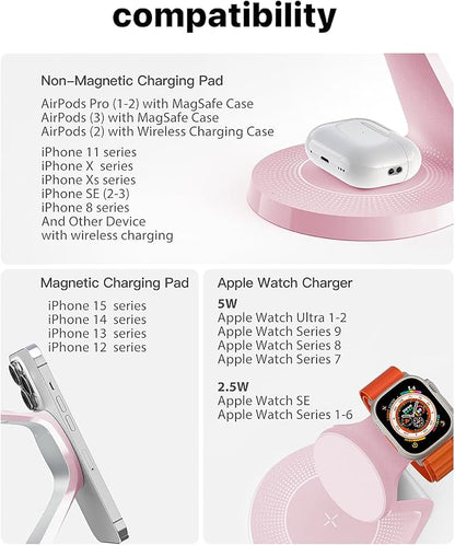 3 in 1 Charging Station for Apple Devices, Mag-Safe Charger Stand Fast Charging, Wireless Charger for iPhone 16/15/14/13/12 Series, & AirPods, & iWatch (USB-C Charger Included)