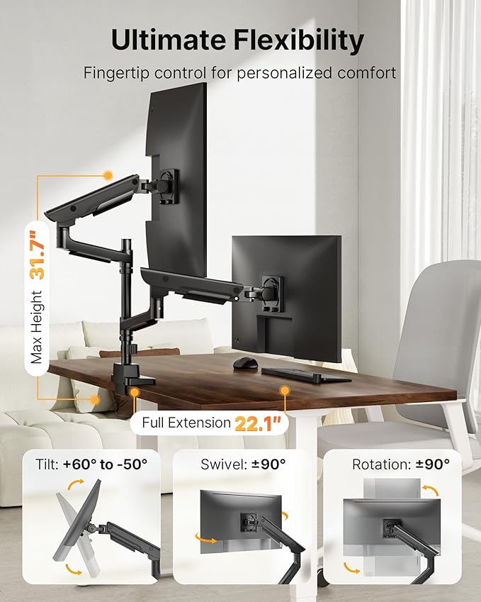 monTEK Sleek Aluminum Monitor Arm for 17–57” Ultrawide Screens up to 59 lbs, USB 3.0 A/C, Heavy Duty Dual Monitor Arm Desk Mount, Pneumatic Lift, Quick-Release Plate, Clamp/Grommet, Max VESA 100x100