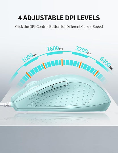 TECKNET Wired Mouse, 6-Button Corded with 4 Adjustable DPI, Ergonomic Optical Mouse, 5FT Cord for Laptop, Chromebook, PC, Desktop, Mac, Notebook - LT.Green