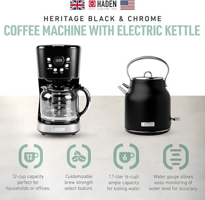 HADEN Coffee Machine, 12 Cup Drip Coffee Maker Bundled with Heritage 1.7 Liter Stainless Steel Electric Kettle, Black & Chrome