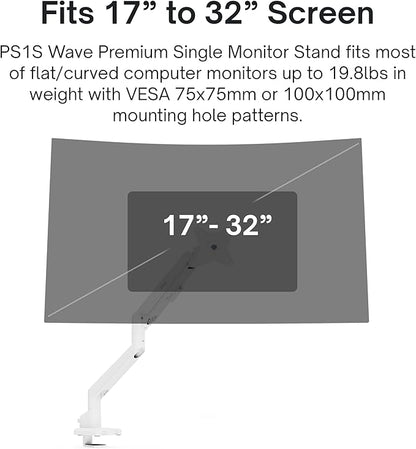 Pixio PS1S Wave White Single Monitor Arm Stand Desk Mount - Fits up to 32 inches Monitors and up to 19.8lbs. VESA Compatibility and Integrated Cable Management
