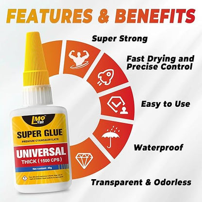Super Glue Thick CA Glue Clear 60 Gram, Heavy Duty Superglue Instant Cyanoacrylate Adhesive for Plastic Ceramic Leather Metal Glass Wood Pla Shoe Sole Repair, Strong Oily Liquid Bonding