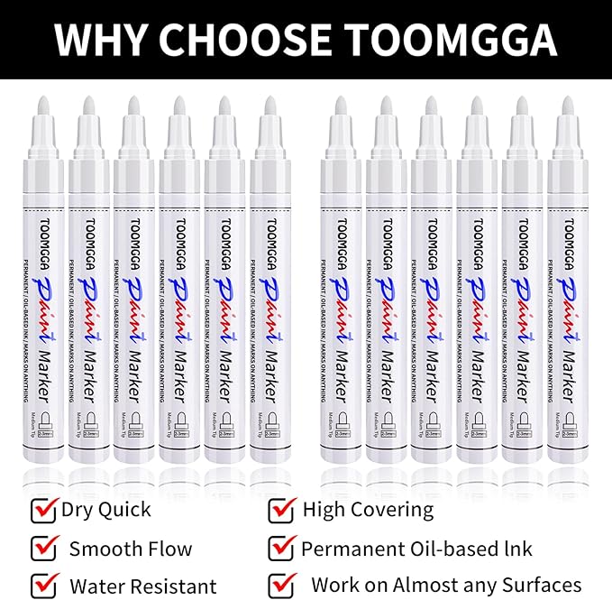 White Paint Pens Permanent Paint Markers - 12 Pack Oil Based Marking Pens, Medium Point, Quick Drying and Waterproof Pens for Rock Painting Car Tyre Metal, Plastic, Canvas, Wood