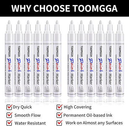 White Paint Pens Permanent Paint Markers - 12 Pack Oil Based Marking Pens, Medium Point, Quick Drying and Waterproof Pens for Rock Painting Car Tyre Metal, Plastic, Canvas, Wood