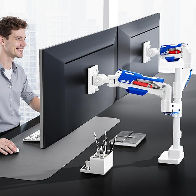 ARES WING Vertical Dual Monitor Mount - 24-57" Aluminum Heavy Duty Monitor Arms for 2 Monitors, Fully Adjustable Gas Spring Stacked Monitor Stand with 75/100/200 Vesa Mount, White