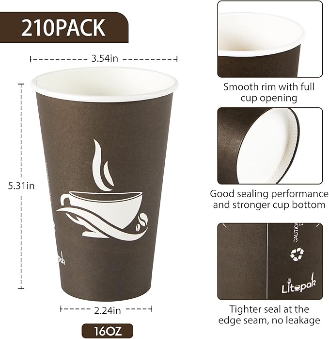 LITOPAK 210 Pack 16 oz Paper Cups, Brown Disposable Hot Coffee Cups for Party, Picnic, Travel, and Events