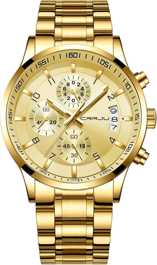 CRRJU Men's Fashion Stainless Steel Watches Date Waterproof Chronograph Wristwatches,Black Steel Band Waterproof Quartz Watch for Men