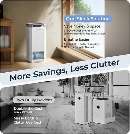 Afloia Air Purifier and Humidifier Combo in One-Cool Mist Evaporative for Home Bedroom Large Roome up tp 3000ft², with Humidity&Air Quality Sensor, Remove Pets Hair Allergy Mold Pollen Smoke, Brown