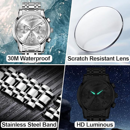 Watch Men Stainless Steel Luxury Diamond Chronograph with Date Business reloj de Hombre