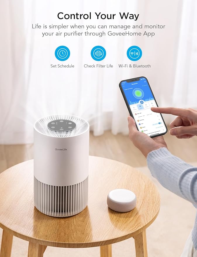 GoveeLife Smart Air Purifiers for Bedroom, Portable Filter Cleaner with WiFi Alexa Control for Pet Hair Odors Pollen Smoke, 24dB Quiet Air Purifier with 3 Speeds, Timer, Aromatherapy for Desktop
