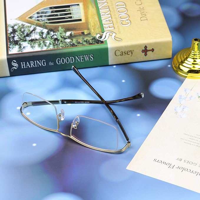 LifeArt Alloy Semi-Rimless Reading Glasses,Blue Light Blocking Glasses, Anti Eyestrain, Computer Gaming Glasses, TV Glasses for Men, Anti Glare (Golden, +0.75 Magnification)