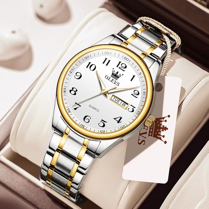 Men's Casual Stainless Steel Watch, Big Face Easy to Read Analog Quartz Watch with Day and Date, Classic Waterproof Diamond Roman Arabic Numerals Dial Dress Watch for Men, Gold Silver Black Band