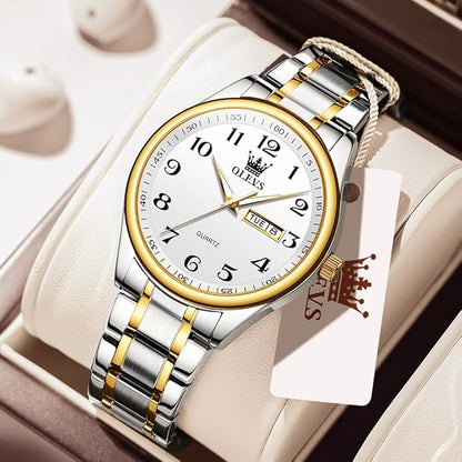 Men's Casual Stainless Steel Watch, Big Face Easy to Read Analog Quartz Watch with Day and Date, Classic Waterproof Diamond Roman Arabic Numerals Dial Dress Watch for Men, Gold Silver Black Band