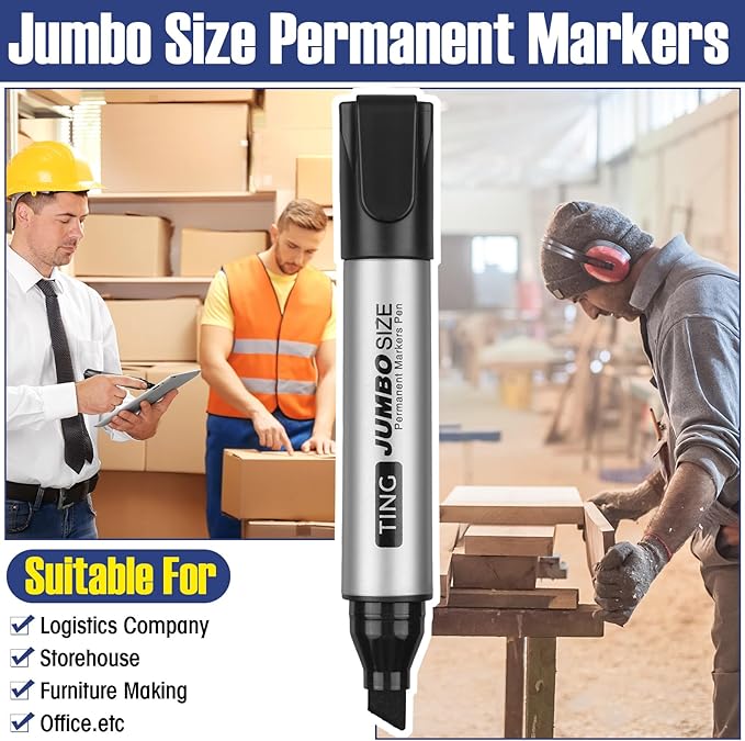 Fuutreo 10 Pack Jumbo Permanent Markers Bulk Large Chisel Tip Permanent Markers Quick Drying Waterproof Big Huge Poster Pens for Office, Logistics Company and More(Black)