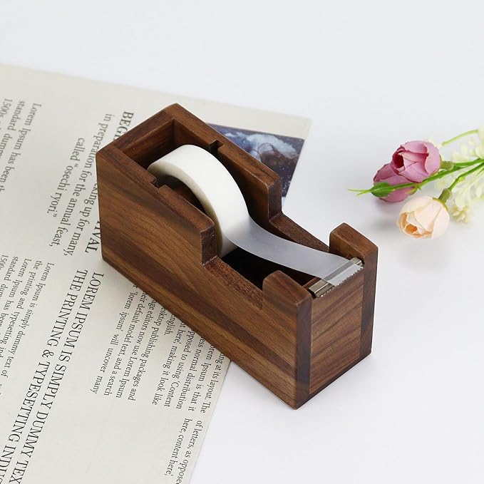 Multibey Natural Eco-Friendly Walnut Wooden 1 Inch Core Desktop Adhesive Tape Dispenser Cutter with Tape Office School Gift Idea (Walnut)