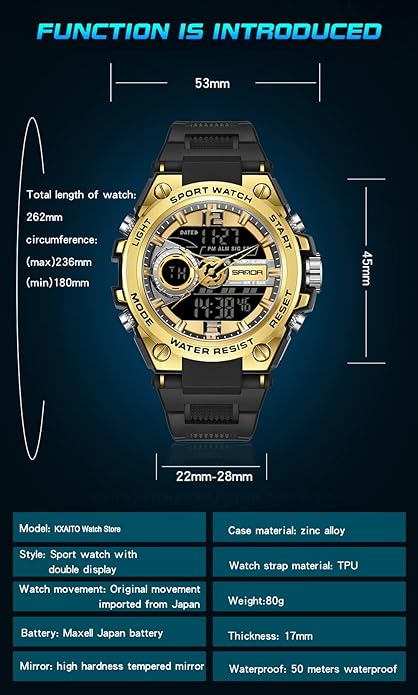 KXAITO Men's Watches Sports Outdoor Waterproof Military Watch Date Multi Function Tactics LED Alarm Stopwatch