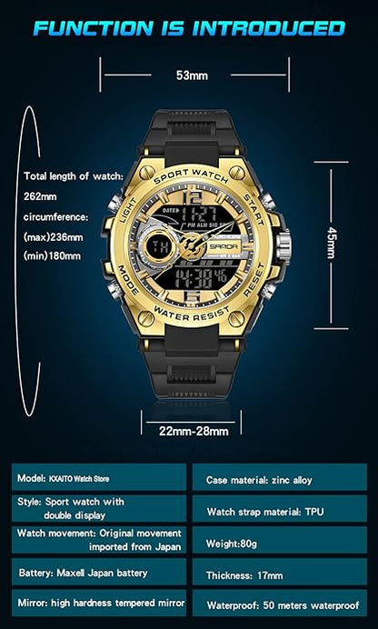 KXAITO Men's Watches Sports Outdoor Waterproof Military Watch Date Multi Function Tactics LED Alarm Stopwatch