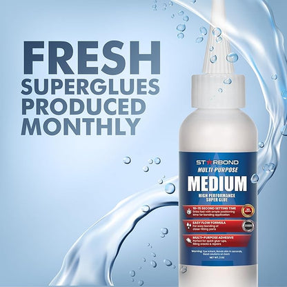 Starbond Medium Super Glue Pro Kit (2 oz) – Strong, Fast-Bonding CA Glue (Cyanoacrylate Adhesive) – with Clog-Resistant Cap, Microtips & Extra Nozzle for Quick Fixes, Woodworking, Hobby Models