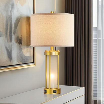RORIA Modern Table Lamps for Living Room Set of 2, Farmhouse Bedroom Lamps for Nightstands with Dual USB Ports, Gold Bedside Lamps with White Frosted Glass Nightlight, 4 Bulbs Includes (Gold)