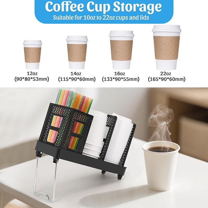 Coffee Cup Dispenser with Straws Holder, Plastic Coffee Cup and Lid Holder, 5-20oz Disposable Paper Cups Organizer for Countertop, Station, Bar, Office, Restaurant, Breakroom(3 Compartments)