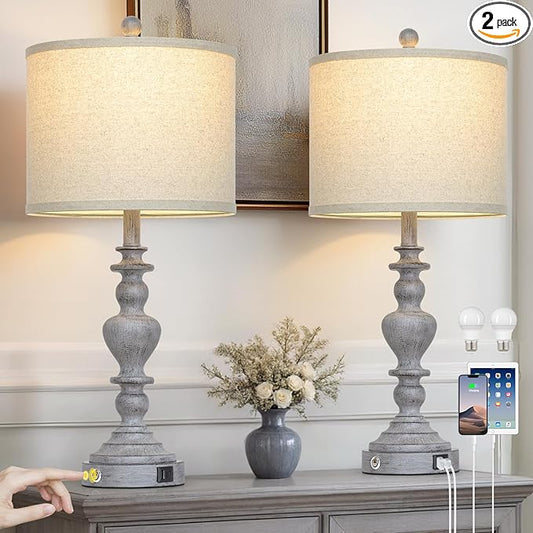 27" Tall Table Lamps for Living Room, 3-Way Dimmable Touch Control Farmhouse Vintage Table Lamps Set of 2 with USB C+A Ports and AC Outlets, Rustic Bedside Nightstand Lamp for Bedrooms Office Grey