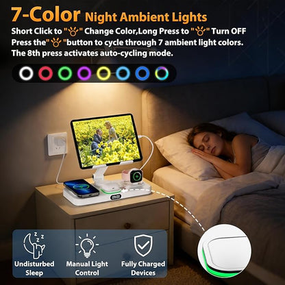 30W Charging Station for Apple Products, Foldable Wireless Charger with Clock Display&7 Color Light, Wired Charging for iPad/Tablet Charging Station for iPhone16, for Apple Watch10 for AirPods4(Cream