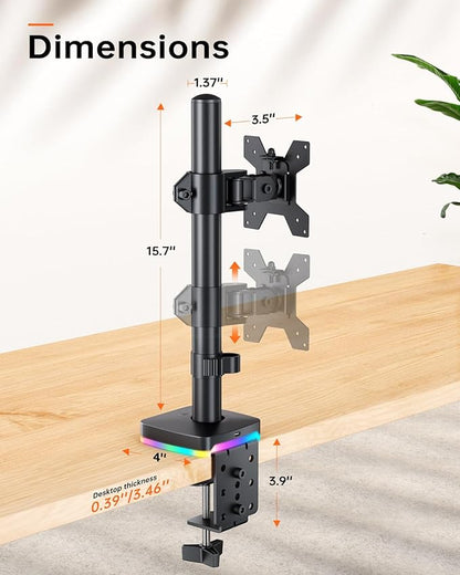 RGB Single Monitor Desk Mount, Monitor Arm with 3 USB Ports, Charging and USB Data Transfer Function, Desk Mount for 13"-27" Monitors up to 17.6lbs, Adjustable Height, Tilt, Swivel, Rotate