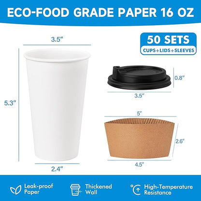 RACETOP 16 oz 50 Pack Disposable Paper Coffee Cups with Lids and Sleeves, White Disposable Paper Cups, To Go Hot Cups for Coffee Hot Liquid, Ideal for Cafes, Bistros