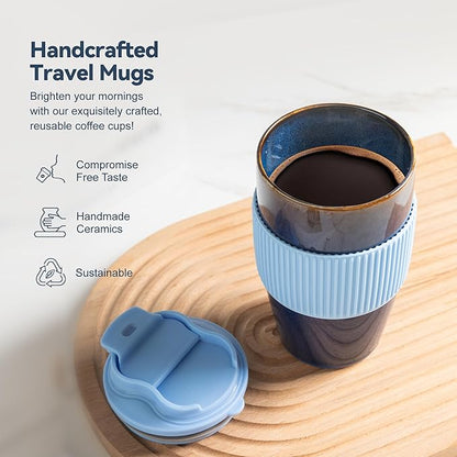 Ceramic Travel Coffee Mug with Polypropylene Lid and Insulated Sleeve, 16 oz, Portable Coffee Cup for Car Cup Holder, Transmutation Glaze Microwave and Dishwasher Safe(Blue)