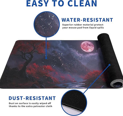 Darkness Red Moon Mouse Pad Abstract Red Mouse Pad 31.5x11.8 Inch Texture Non-Slip Rubber Base Large Mousepad Stitched Edges Keyboard Mouse Mat Desk Pad for Office and Home (Darkness 2)