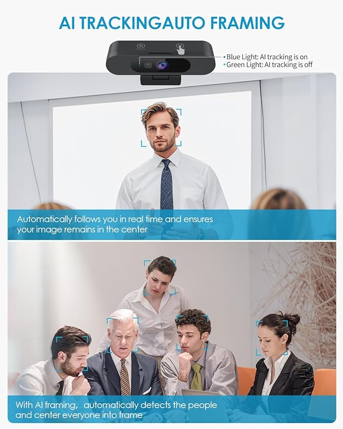 4K Webcam for PC, Ultra 4K HD, AI Auto Framing, Webcam for Streaming, Auto Focus, Dual Noise Reducing Mics, 5X Digital Zoom, 92°FOV, Plug and Play, Ideal for High-End Meeting, Streaming