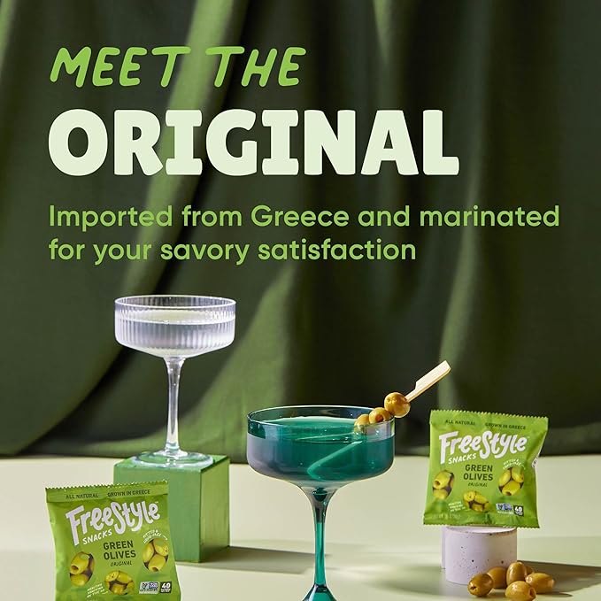 Freestyle Snacks Olive Snack Packs - 24 Pack Variety - Original Green, Hot & Spicy, Lemon Garlic, and Kalamata - Grown in Greece, All Natural, Non-GMO, Paleo, Sugar-Free, Keto Snack, 1.1oz (24 Pack)
