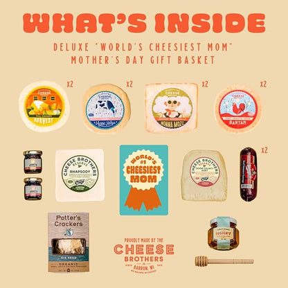 Cheese Bros Deluxe "World's Cheesiest Mom" Charcuterie Gift Box | Fresh from Wisconsin | Includes Mozzarella, Goudas, Jams, Summer Sausage, Honey, Crackers | Great for Birthday, Mother's Day