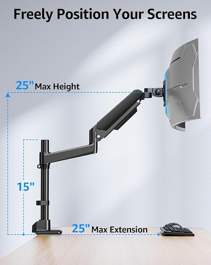 MOUNTUP Heavy Duty Monitor Arm Fits 49 45 42 40 39 34 32 Inch Screens, Ultrawide Monitor Arm Holds 4.4-44 lbs, Monitors Stand for Samsung Odyssey G9 and More, Gas Spring Height Adjustable, VESA Mount
