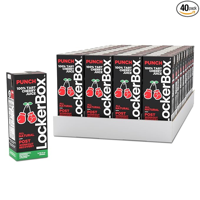 LockerBox Punch 100% Tart Cherry (40 Pack) 6.75 oz Juice Box with Straw | Organic, Sugar Free, Zero Caffeine Drink for Post Exercise Muscle Recovery, Natural Sleep Support, and Clean Daily Hydration