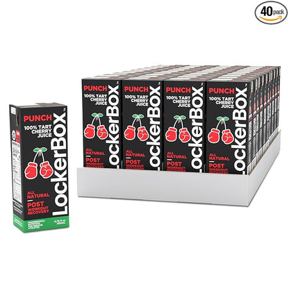 LockerBox Punch 100% Tart Cherry (40 Pack) 6.75 oz Juice Box with Straw | Organic, Sugar Free, Zero Caffeine Drink for Post Exercise Muscle Recovery, Natural Sleep Support, and Clean Daily Hydration