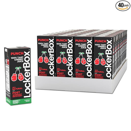 LockerBox Punch 100% Tart Cherry (40 Pack) 6.75 oz Juice Box with Straw | Organic, Sugar Free, Zero Caffeine Drink for Post Exercise Muscle Recovery, Natural Sleep Support, and Clean Daily Hydration